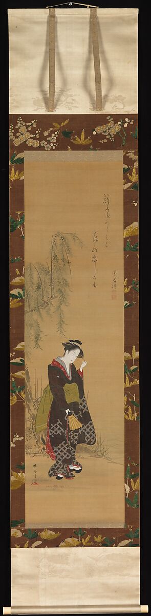Woman under a Willow Tree, Katsukawa Shunshō　勝川春章 (Japanese, 1726–1792), Hanging scroll; ink and color on silk, Japan