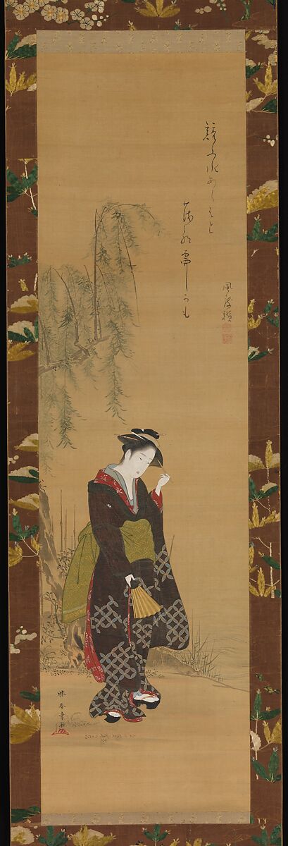 Woman under a Willow Tree, Katsukawa Shunshō　勝川春章 (Japanese, 1726–1792), Hanging scroll; ink and color on silk, Japan 