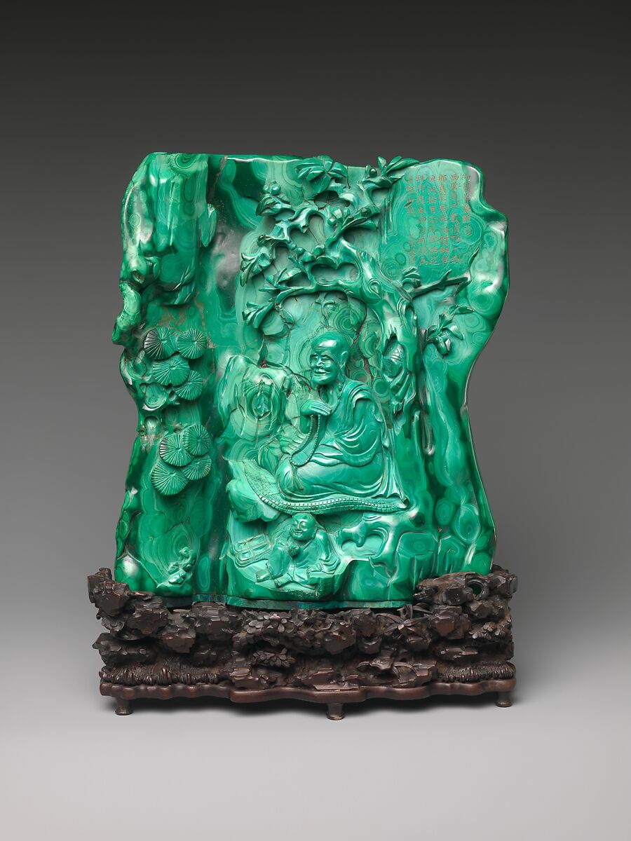 Seated luohan with a servant, Malachite, China 