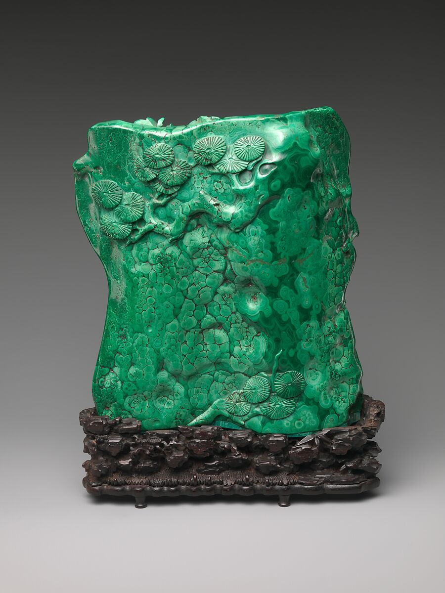 Seated luohan with a servant, Malachite, China
