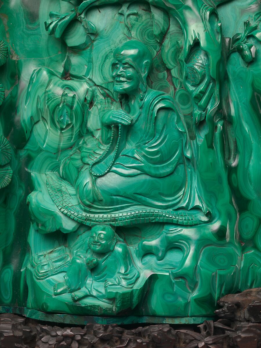 Seated luohan with a servant, Malachite, China