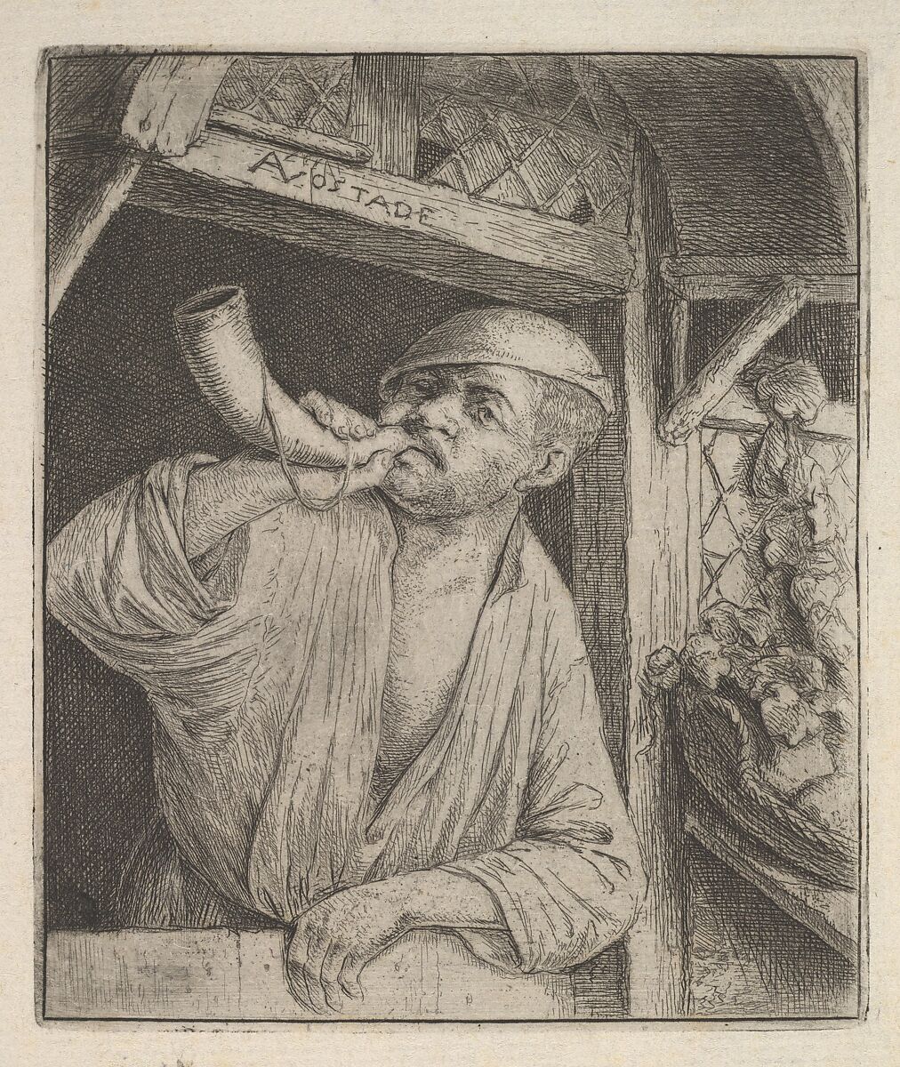 Baker Blowing Horn, Adriaen van Ostade (Dutch, Haarlem 1610–1685 Haarlem), Etching and drypoint 