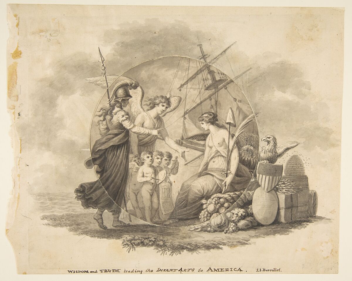 Allegories of Wisdom and Truth Leading the Infant Arts to America, John James Barralet (Irish, Dublin ca. 1747–1815 Philadelphia, Pennsylvania), Pen and ink, brush and wash 