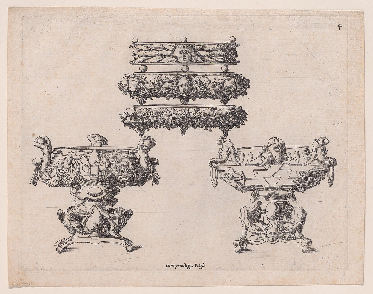 Two Braziers and Three Salvers, René Boyvin (French, Angers ca. 1525–1598 or 1625/6 Angers), Engraving 