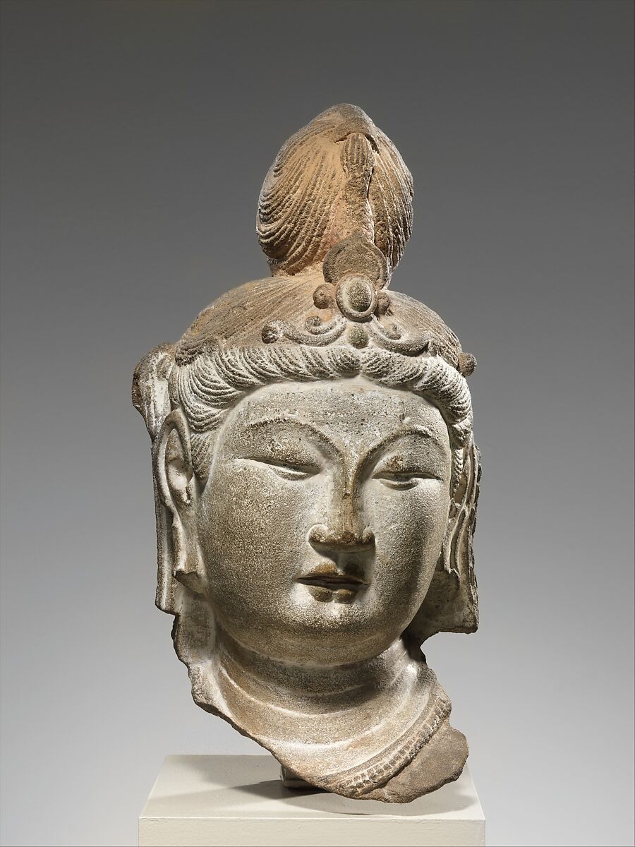 Head of a Bodhisattva, Sandstone with pigment, China 