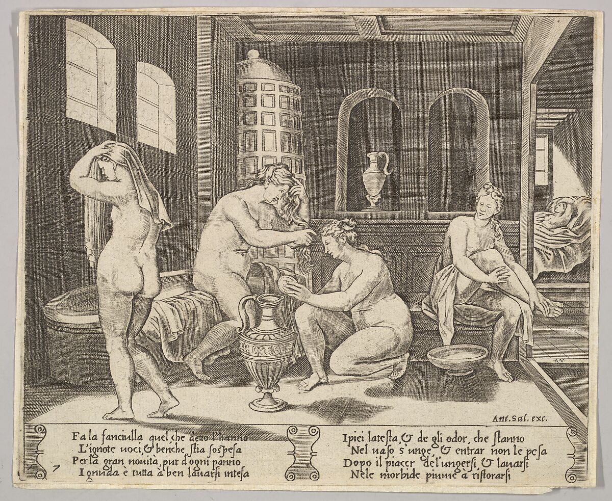Plate 7: Psyche attended in her bath by nymphs, in the background right Psyche represented again laying in bed, from "The Fable of Cupid and Psyche", Agostino Veneziano (Agostino dei Musi) (Italian, Venice ca. 1490–after 1536 Rome), Engraving 