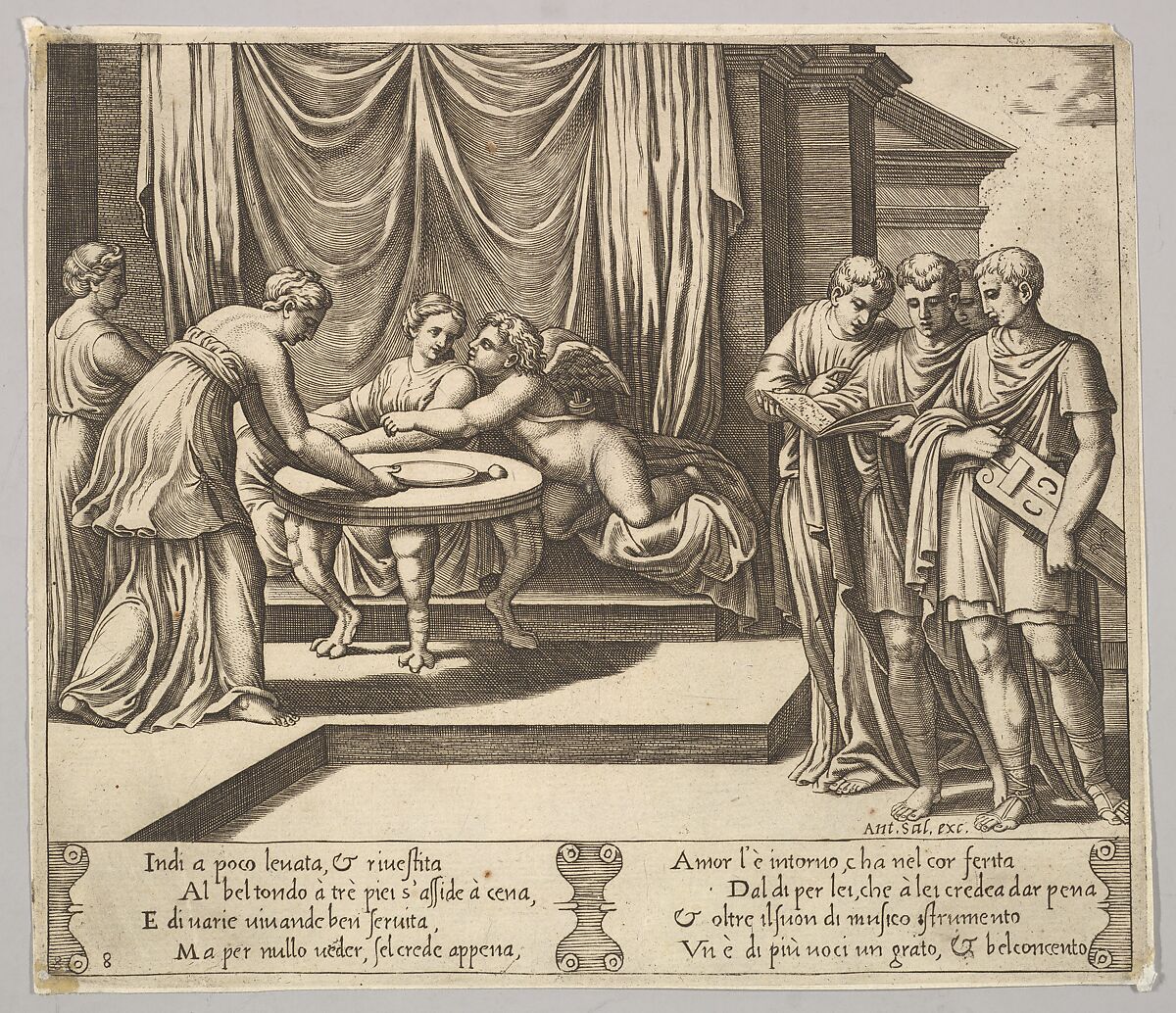 Plate 8: Psyche seated at a table and attended by invisible servants, Eros beside the goddess, from "The Fable of Cupid and Psyche", Master of the Die (Italian, active Rome, ca. 1530–60), Engraving 