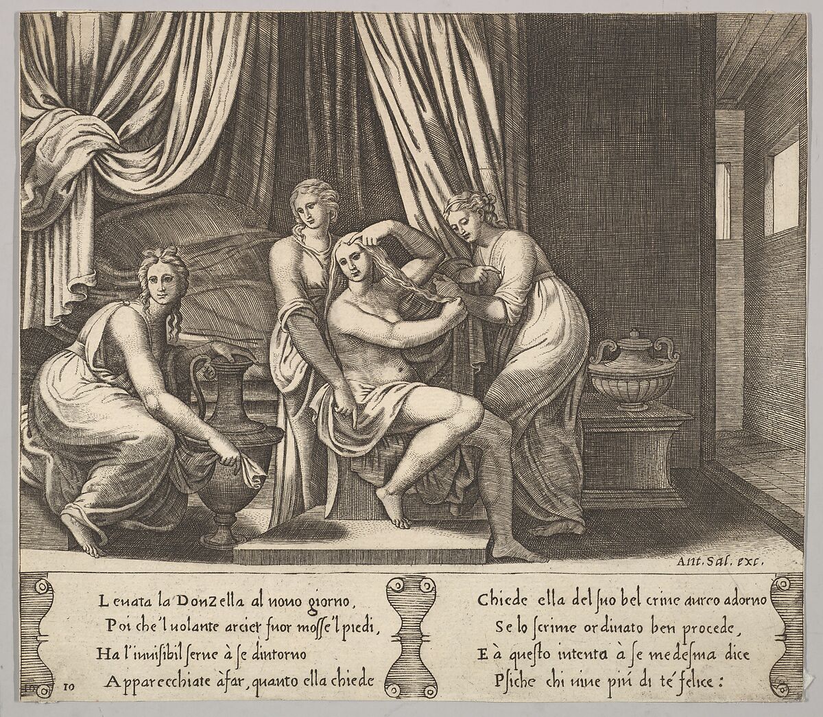 Plate 10: nymphs assisting Psyche to dress her hair, from "The Fable of Psyche", Master of the Die (Italian, active Rome, ca. 1530–60), Engraving 