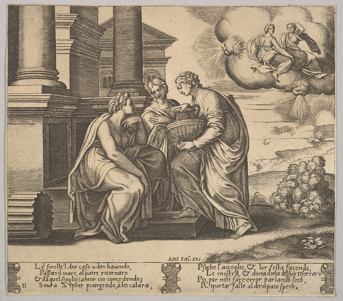 Plate 11: Psyche gives presents to her sisters, from "The Fable of Cupid and Psyche", Master of the Die (Italian, active Rome, ca. 1530–60), Engraving 