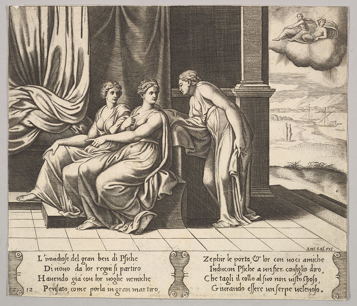 Plate 12: Psyche's sisters persuade her a serpent is sleeping with her, from 'The Fable of Psyche', Master of the Die (Italian, active Rome, ca. 1530–60), Engraving 