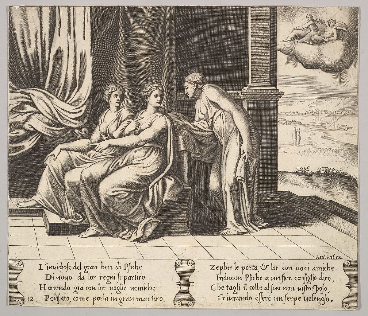 Plate 12: Psyche's sisters persuade her a serpent is sleeping with her, from "The Fable of Cupid and Psyche", Master of the Die (Italian, active Rome, ca. 1530–60), Engraving 