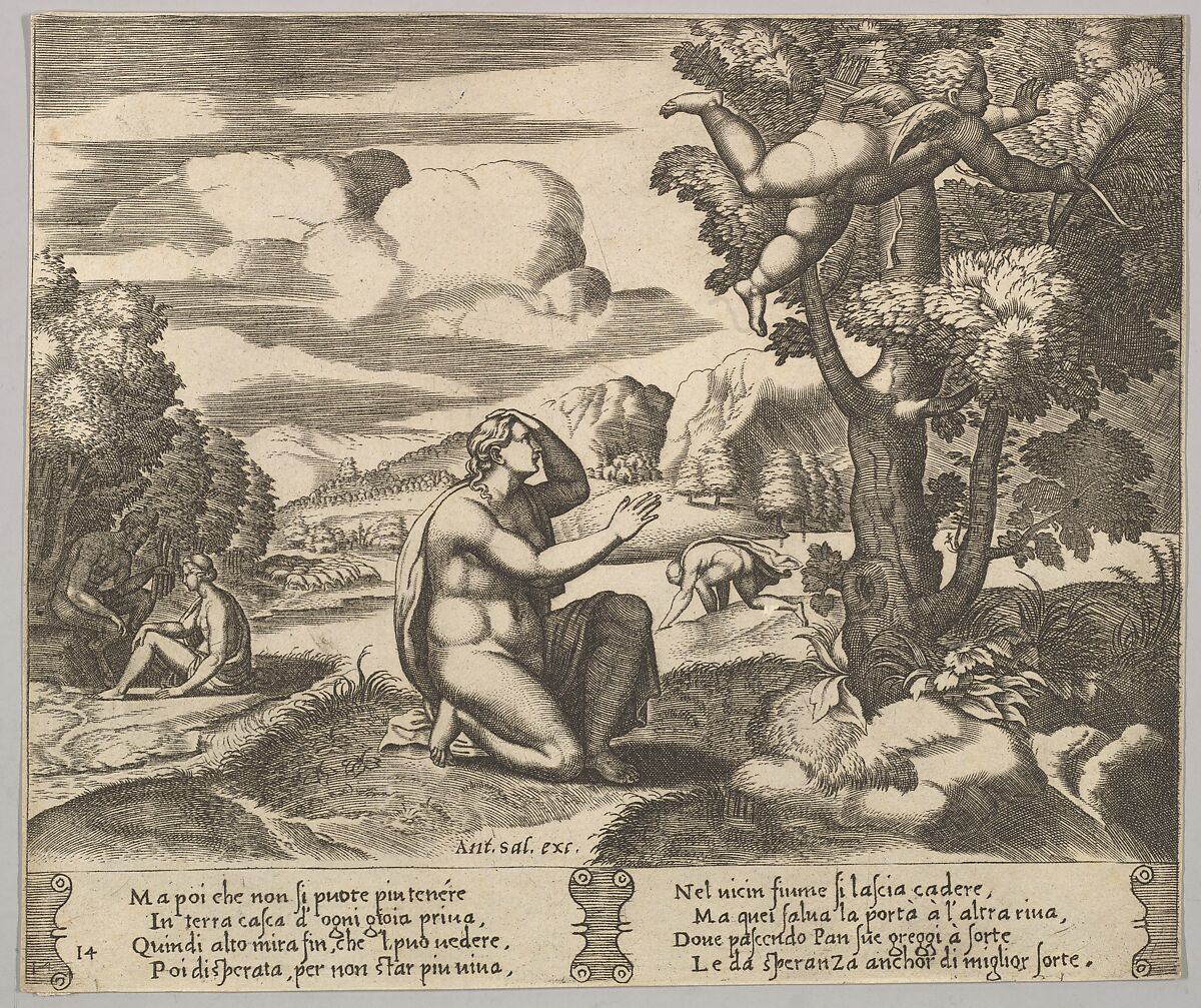 Plate 14: Cupid airborne gleeing from Psyche, from "The Fable of Cupid and Psyche", Master of the Die (Italian, active Rome, ca. 1530–60), Engraving 
