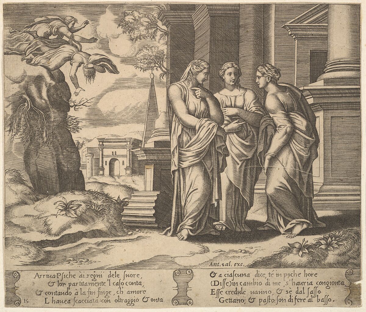 Plate 15: Psyche relating her misfortunes to her sisters, from "The Fable of Cupid and Psyche", Master of the Die (Italian, active Rome, ca. 1530–60), Engraving 