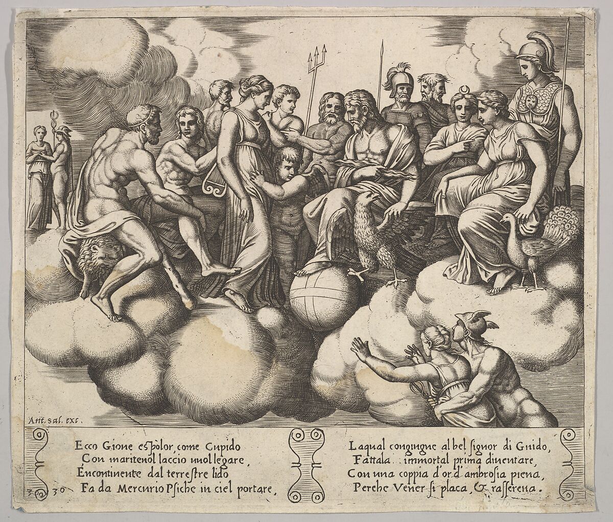 Plate 30: Venus and Cupid pleading their case in the presence of Jupiter and other Gods, from "The Fable of Cupid and Psyche", Master of the Die (Italian, active Rome, ca. 1530–60), Engraving 