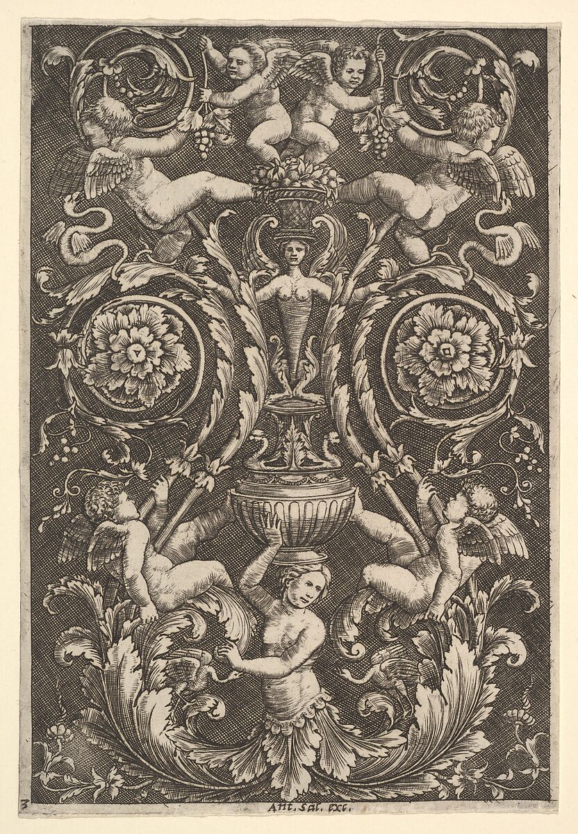 A panel of ornament with putti and other figures, Master of the Die (Italian, active Rome, ca. 1530–60), Engraving 