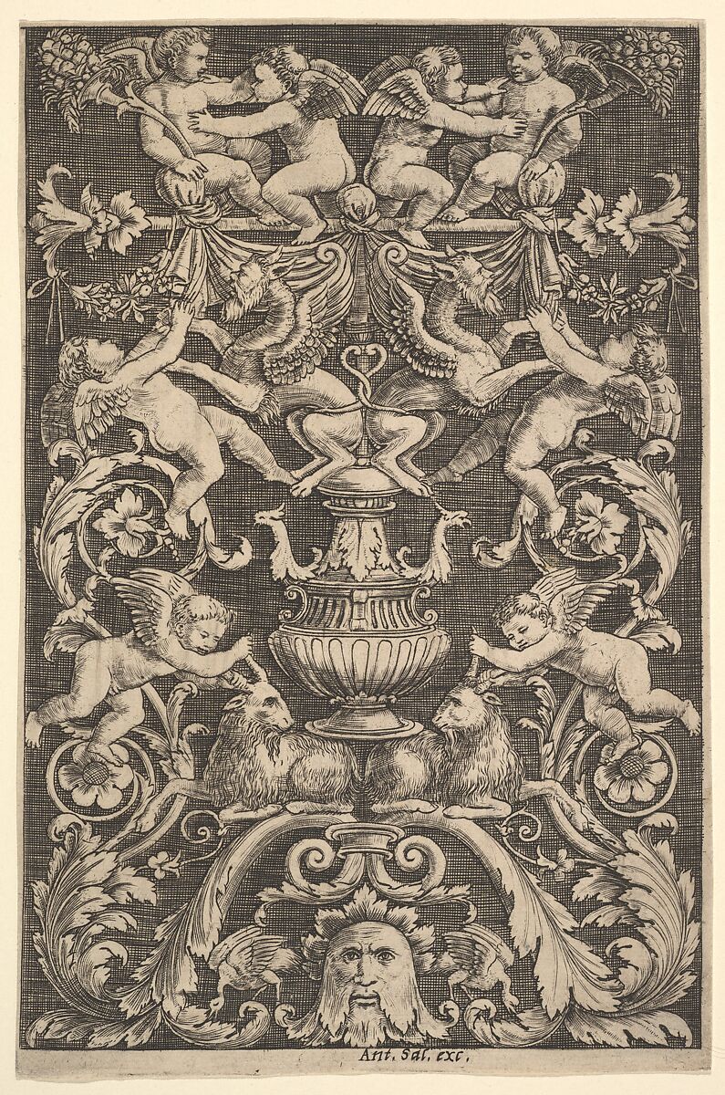 A panel of ornament with putti, goat and other figures, Master of the Die (Italian, active Rome, ca. 1530–60), Engraving 