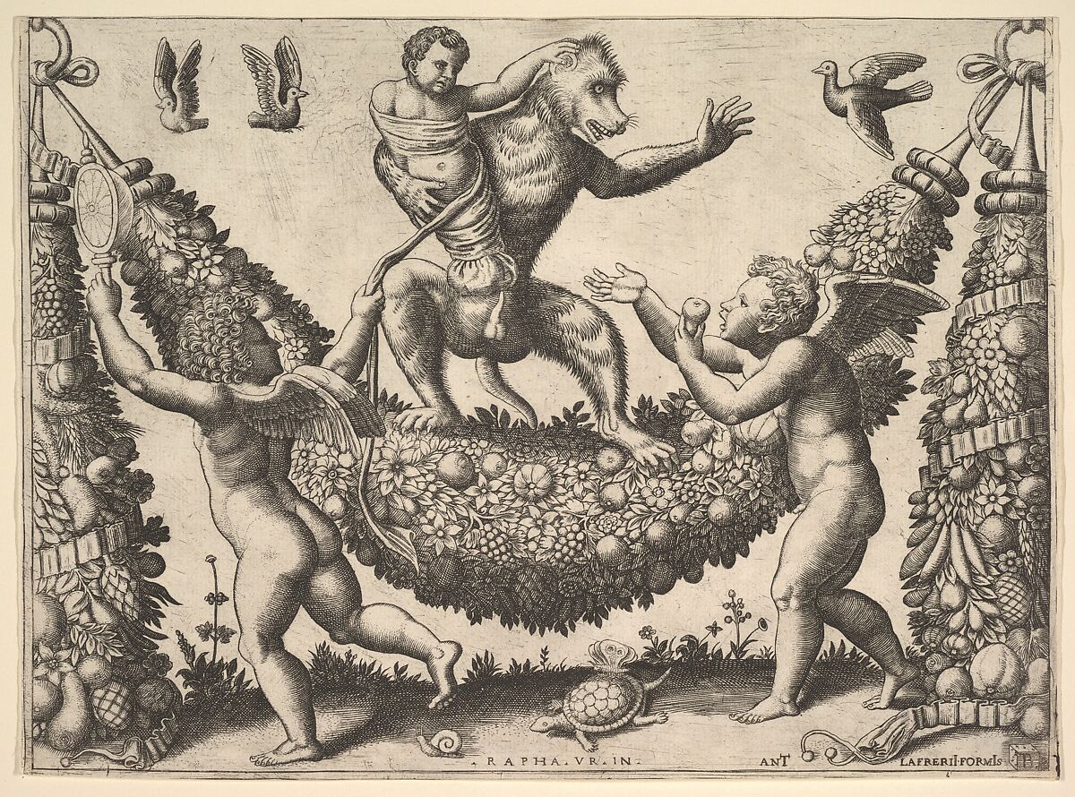 A monkey holding a bound putto standing on a garland in front of which are two winged putti, from a series of tapestries made for Leo X, Master of the Die (Italian, active Rome, ca. 1530–60), Engraving, second state of two 