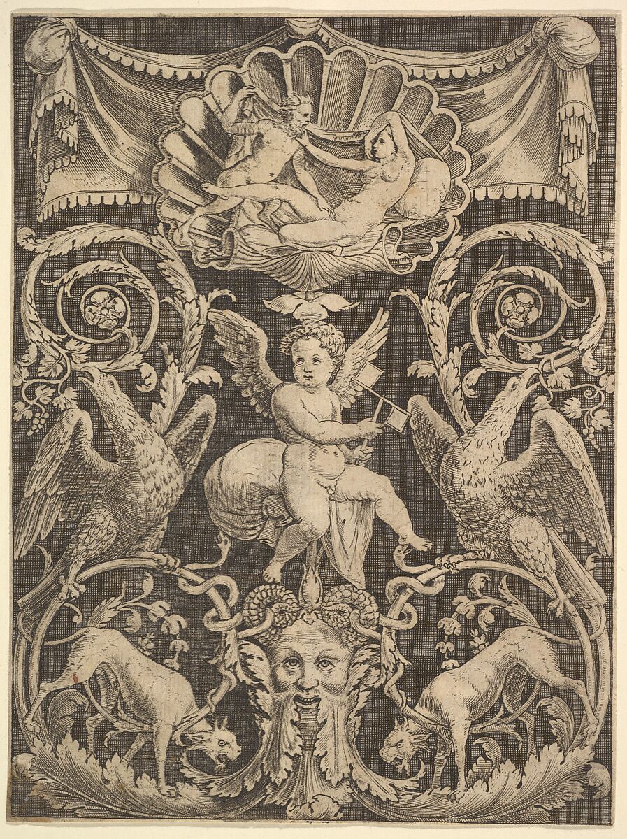 A panel of ornament with a putto in the centre holding a windmill, Master of the Die (Italian, active Rome, ca. 1530–60), Engraving 