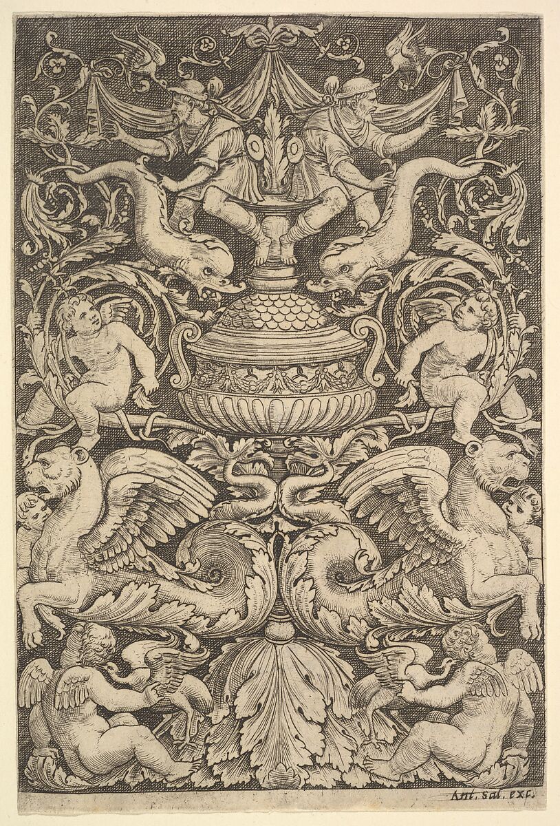 A panel of ornament with a large jar in centre, putti and other figures, Master of the Die (Italian, active Rome, ca. 1530–60), Engraving 