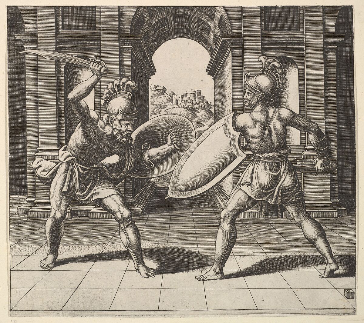 Two gladiators fighting in front of an arch, Master of the Die (Italian, active Rome, ca. 1530–60), Engraving 