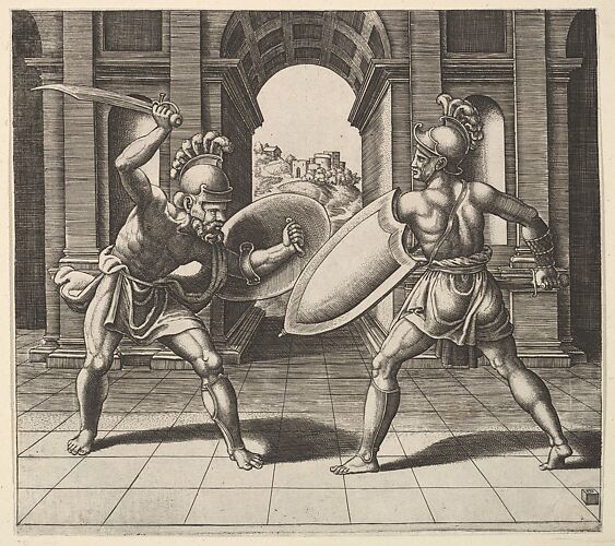 Two gladiators fighting in front of an arch