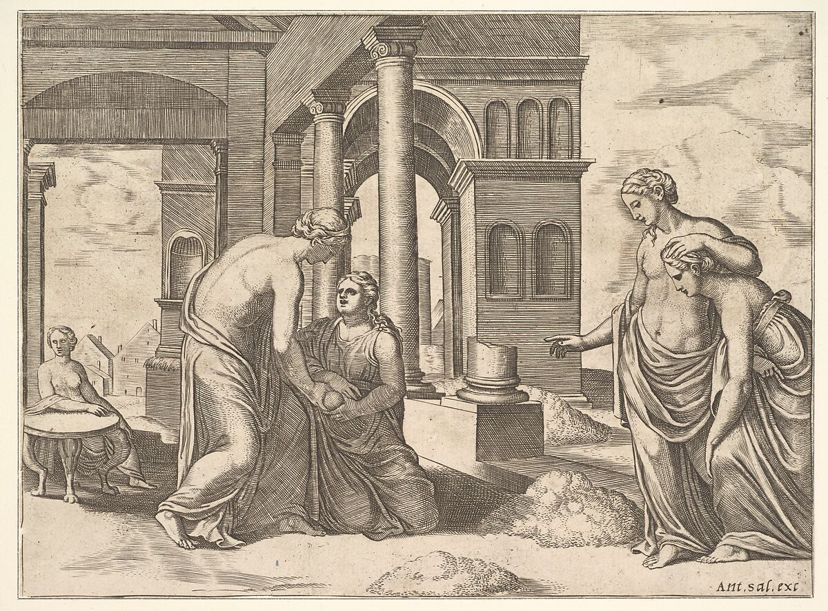 Plate 22: Venus ordering Psyche to Sosort a heap of grain, from the 'Fable of Psyche', Master of the Die (Italian, active Rome, ca. 1530–60), Engraving 