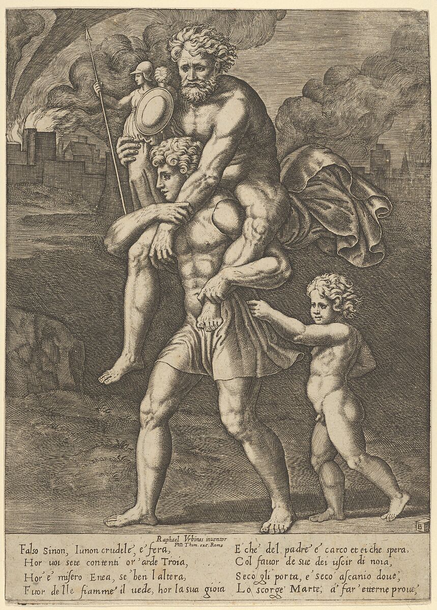 Aeneas carrying Anchises on his shoulders while Troy burns in the background, Master of the Die (Italian, active Rome, ca. 1530–60), Engraving 