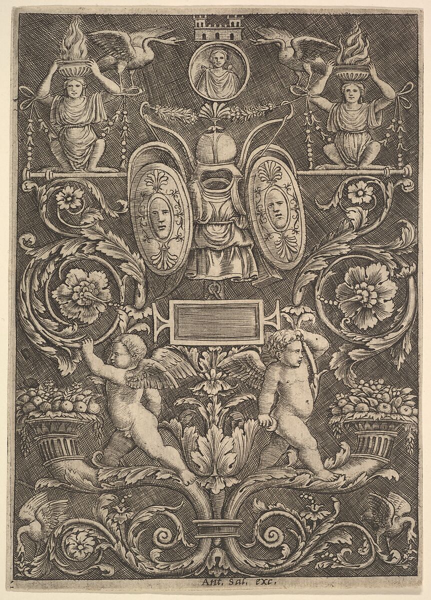 A panel of ornament, putti standing on cornucopia in lower section, Master of the Die (Italian, active Rome, ca. 1530–60), Engraving 