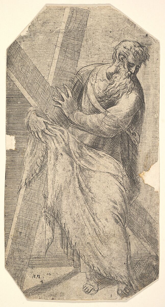 Saint Andrew holding a large cross, from "Christ and the Apostles", Andrea Schiavone (Andrea Meldola) (Italian, Zadar (Zara) ca. 1510?–1563 Venice), Etching 