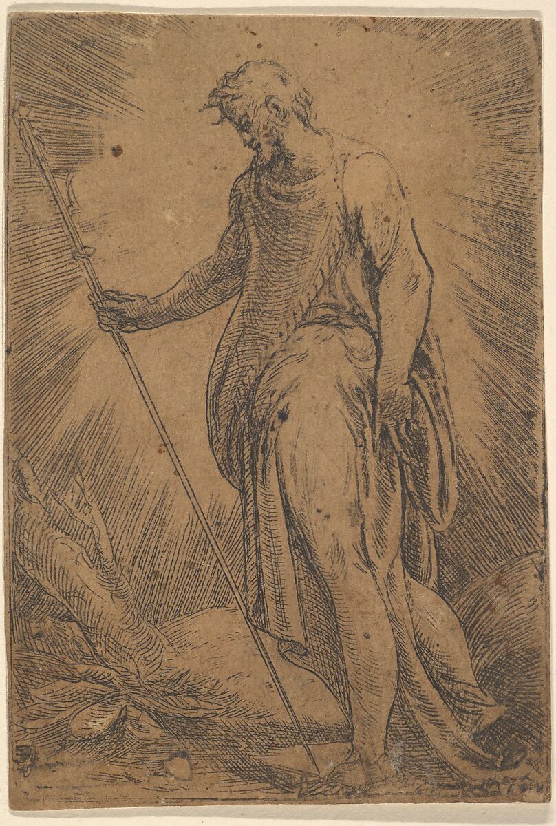 An apostle holding a staff facing left, Possibly by Andrea Schiavone (Andrea Meldola) (Italian, Zadar (Zara) ca. 1510?–1563 Venice), Etching 