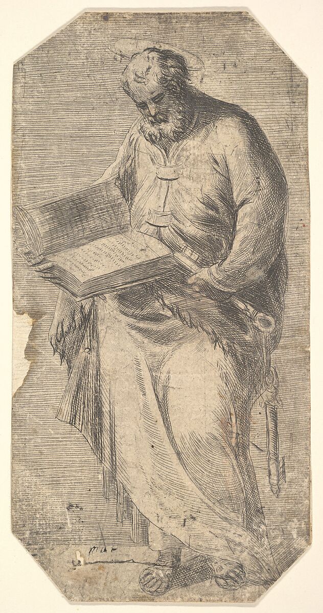 Saint Peter holding a large open book, keys by his side, from "Christ and the Apostles", Andrea Schiavone (Andrea Meldola) (Italian, Zadar (Zara) ca. 1510?–1563 Venice), Etching 