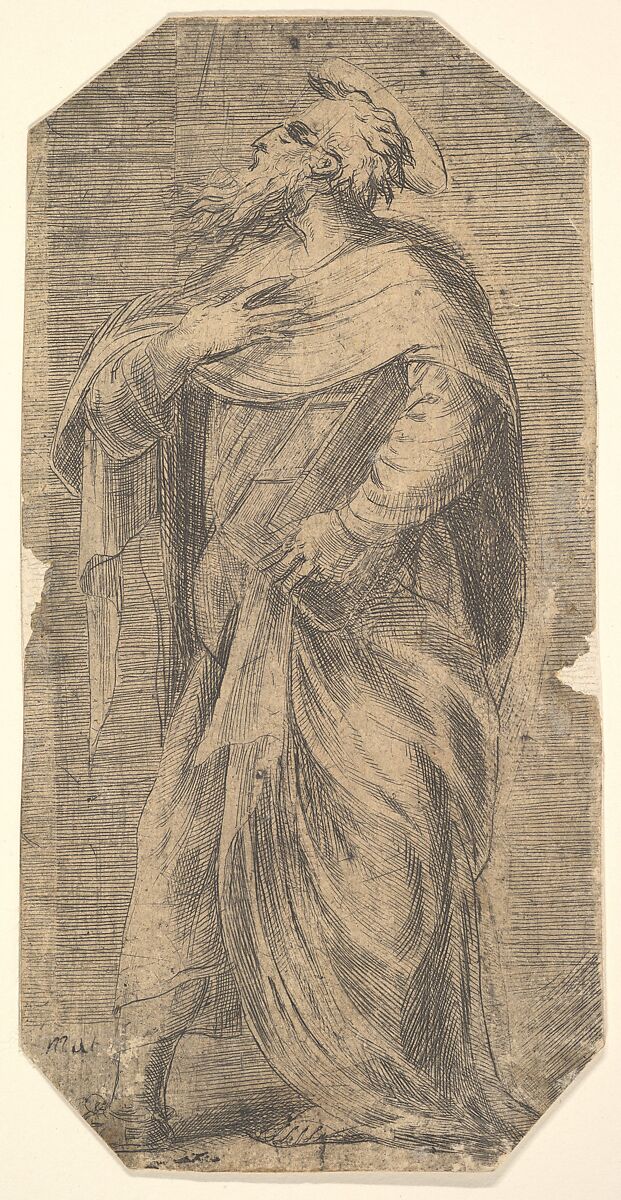 Saint Jude facing left, book under his left arm, from "Christ and the Apostles", Andrea Schiavone (Andrea Meldola) (Italian, Zadar (Zara) ca. 1510?–1563 Venice), Etching 