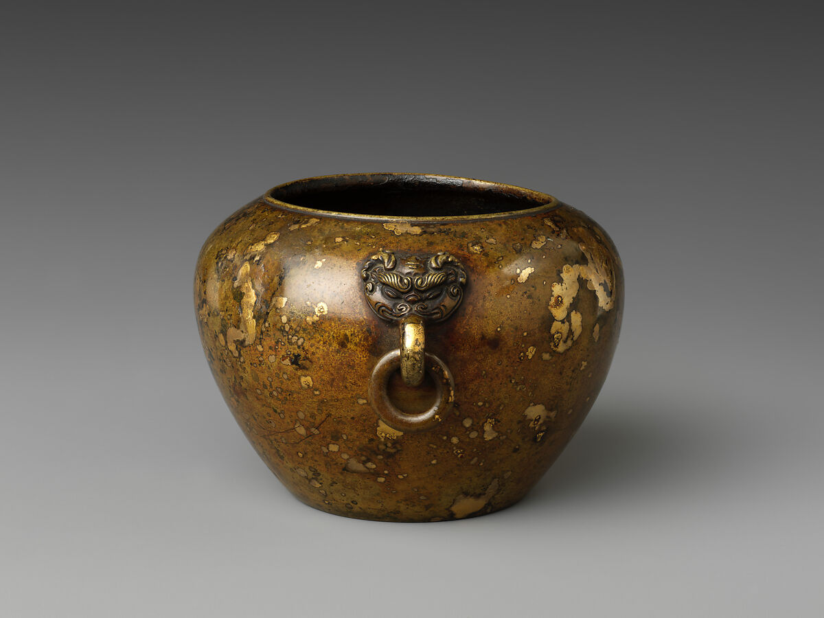 Incense burner with animal-mask handles, Copper alloy, splash gilding, China