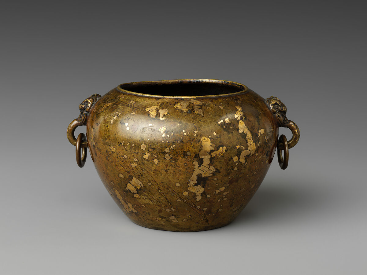 Incense burner with animal-mask handles, Bronze with gold splashes, China 