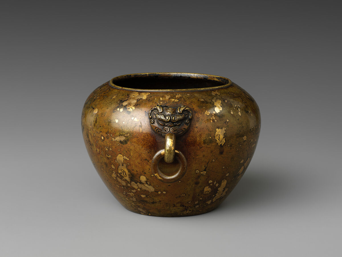 Incense burner with animal-mask handles, Copper alloy, splash gilding, China
