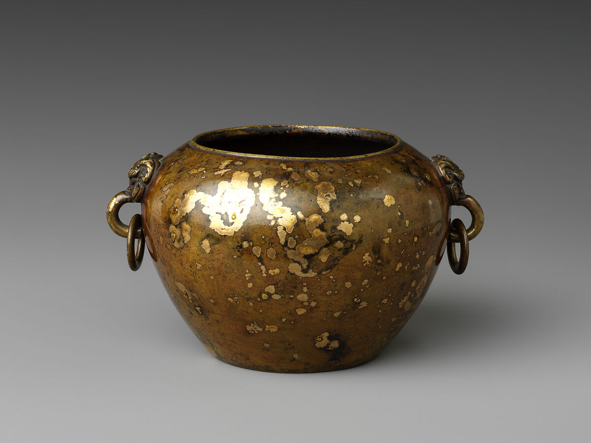 Incense burner with animal-mask handles, Copper alloy, splash gilding, China