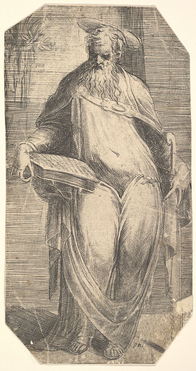 Saint Simon standing, supporting a book on his right thigh, from "Christ and the Apostles", Andrea Schiavone (Andrea Meldola) (Italian, Zadar (Zara) ca. 1510?–1563 Venice), Etching 