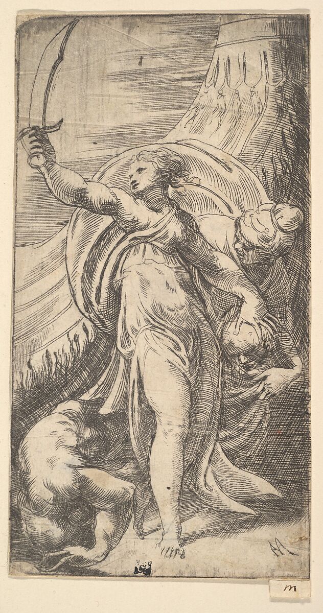 Judith her sword raised in her right hand, placing the head of Holofernes in the sack with her left, Andrea Schiavone (Andrea Meldola) (Italian, Zadar (Zara) ca. 1510?–1563 Venice), Etching 