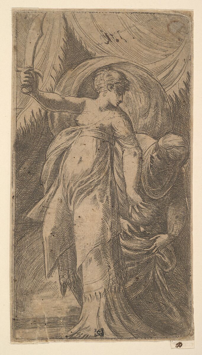 Judith with her sword raised in her right hand and placing the head of Holofernes in the sack with her left, Andrea Schiavone (Andrea Meldola) (Italian, Zadar (Zara) ca. 1510?–1563 Venice), Etching 