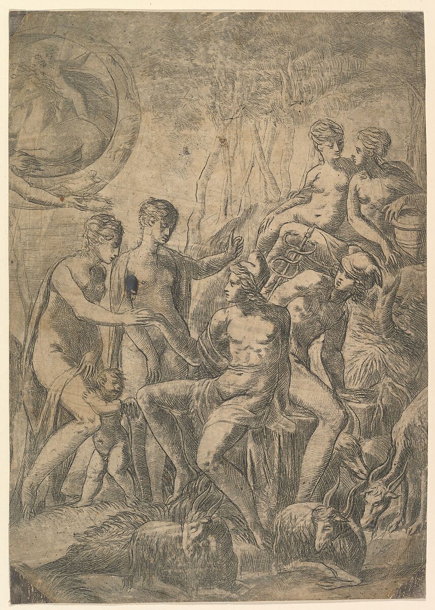 The Judgment of Paris, Andrea Schiavone (Andrea Meldola) (Italian, Zadar (Zara) ca. 1510?–1563 Venice), Etching (right half of the print), all four corners made up 