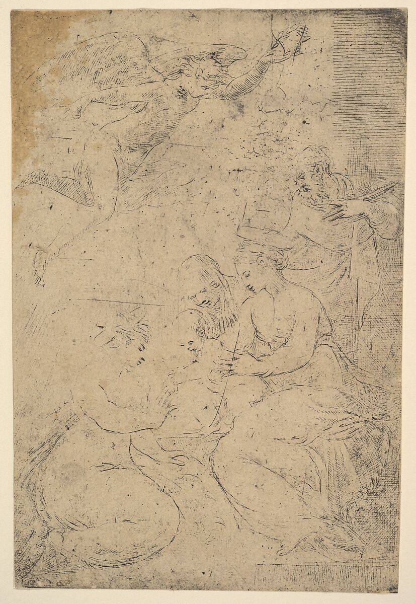 The mystic marriage of Saint Catherine, Andrea Schiavone (Andrea Meldola) (Italian, Zadar (Zara) ca. 1510?–1563 Venice), Etching, a late worn impression 