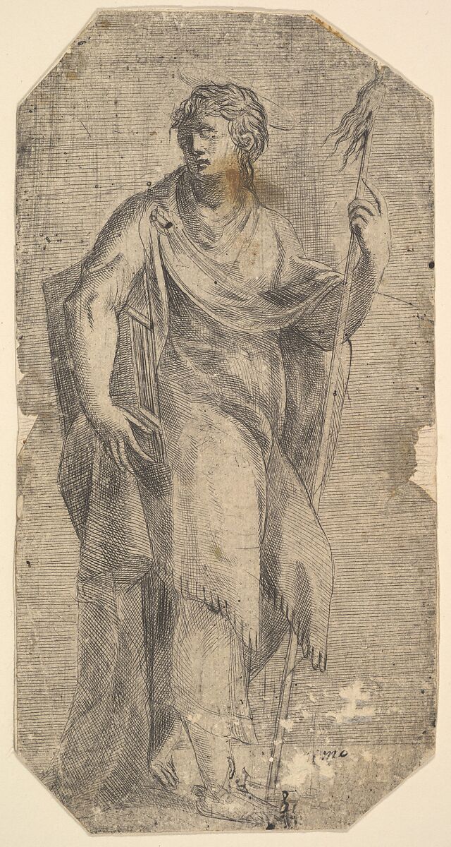 Saint Matthew holding a staff and a book, turning to the left, Andrea Schiavone (Andrea Meldola) (Italian, Zadar (Zara) ca. 1510?–1563 Venice), Etching 