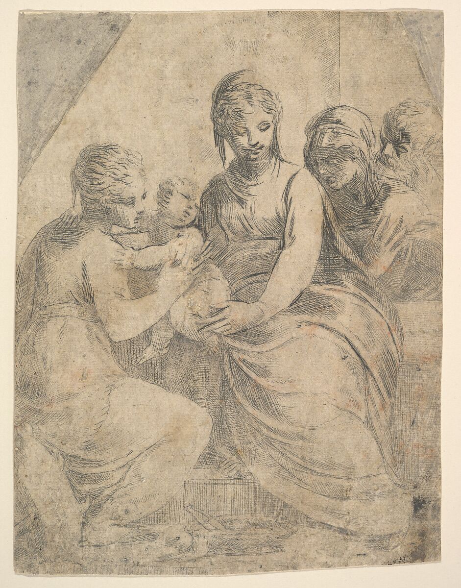 The Virgin and Child accompanied by saints, Andrea Schiavone (Andrea Meldola) (Italian, Zadar (Zara) ca. 1510?–1563 Venice), Etching, top corners trimmed and made up 