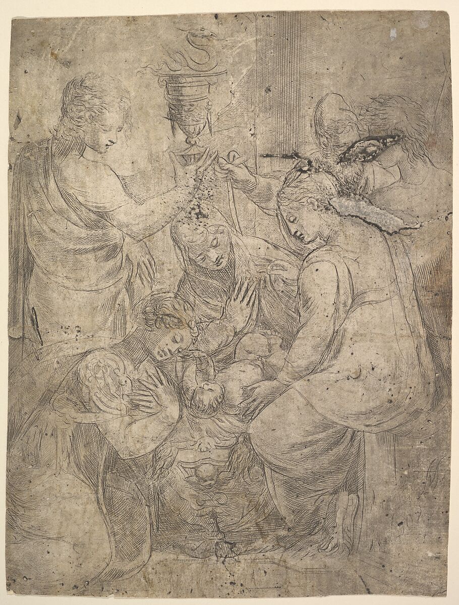 The Christ Child in the Cradle surrounded by adoring figures, Andrea Schiavone (Andrea Meldola) (Italian, Zadar (Zara) ca. 1510?–1563 Venice), Etching 