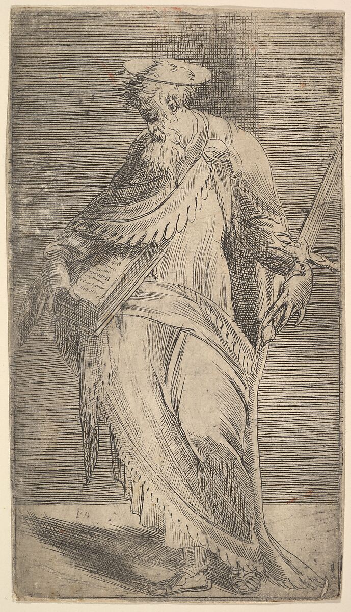 Saint Paul holding a sword and book,  from "Christ and the Apostles", Andrea Schiavone (Andrea Meldola) (Italian, Zadar (Zara) ca. 1510?–1563 Venice), Etching 