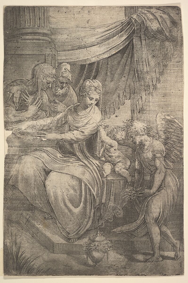 The Holy Family, an angel holding flowers approaching from the right, Andrea Schiavone (Andrea Meldola) (Italian, Zadar (Zara) ca. 1510?–1563 Venice), Etching with plate tone 