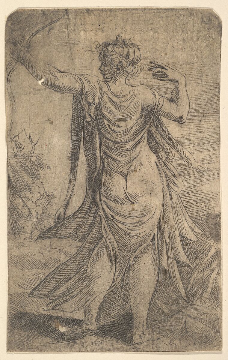Diana firing her bow viewed from behind, Andrea Schiavone (Andrea Meldola) (Italian, Zadar (Zara) ca. 1510?–1563 Venice), Etching 