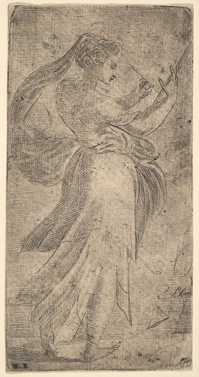A woman standing in profile, facing right and writing on a tablet, Andrea Schiavone (Andrea Meldola) (Italian, Zadar (Zara) ca. 1510?–1563 Venice), Etching 