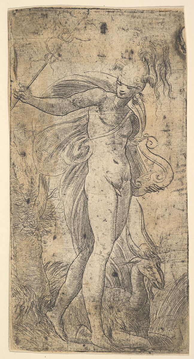 Mercury standing holding a cadecus in his right hand, a lyre in his left, Andrea Schiavone (Andrea Meldola) (Italian, Zadar (Zara) ca. 1510?–1563 Venice), Etching 