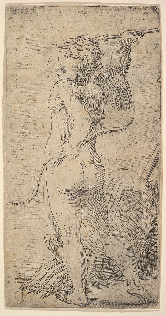 Cupid viewed from behind holding an arrow in his raised right hand, a bow in his left, Andrea Schiavone (Andrea Meldola) (Italian, Zadar (Zara) ca. 1510?–1563 Venice), Etching 